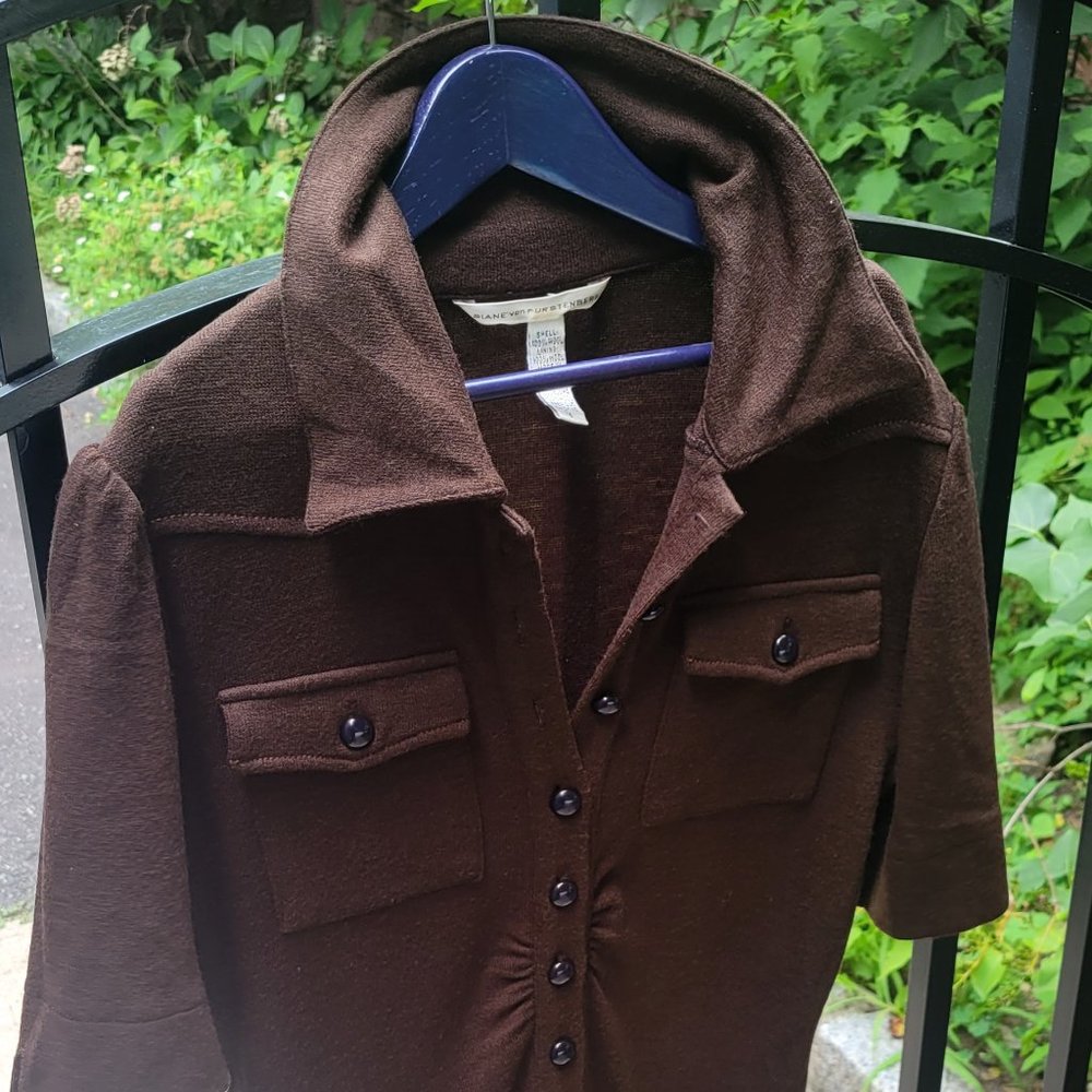 Diane Von Furstenberg Women Knit Short Sleeve Shirt Sheath Dress Brown Size 6